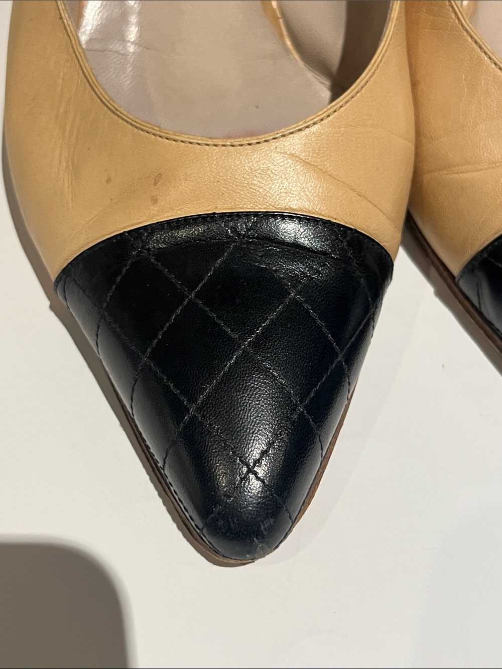 CHANEL Beige Leather Slingback Heels with Black Quilted Toe - Picture 3 of 11